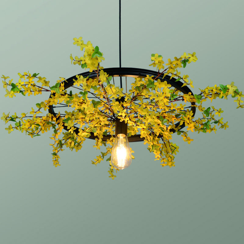 Industrial Metal 1-Head Black Pendant Light Fixture With Wheel Restaurant Suspension And Artificial