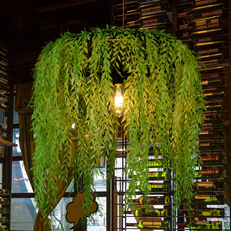 Industrial Metal Pendant Light Fixture - Wheel Restaurant Suspension with Black Finish and Artificial Plant Accent