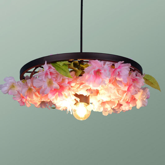 Industrial Metal Pendant Light Fixture - Wheel Restaurant Suspension with Black Finish and Artificial Plant Accent