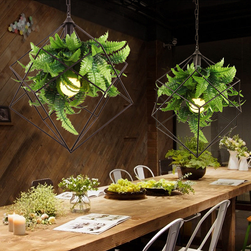 Geometric Metal Cage Pendant Light With Faux Leaf Decor - Industrial Restaurant Suspension