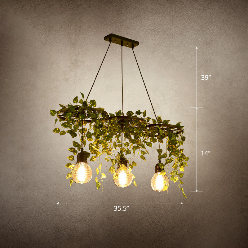 Lustre en métal vert de style ferme avec 3 lumières suspendues et décoration en lierre artificiel