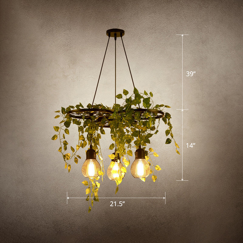 Lustre en métal vert de style ferme avec 3 lumières suspendues et décoration en lierre artificiel