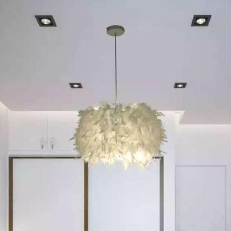 Cylindrical Feather Drop Pendant Minimalist Hanging Light – 1-Light White Design for Dining Room