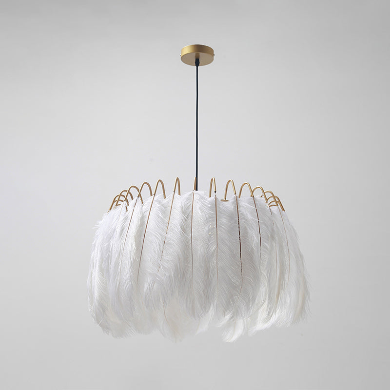 Nordic White Feather Pendant Light - Single-Bulb Suspended Lighting for Bedroom