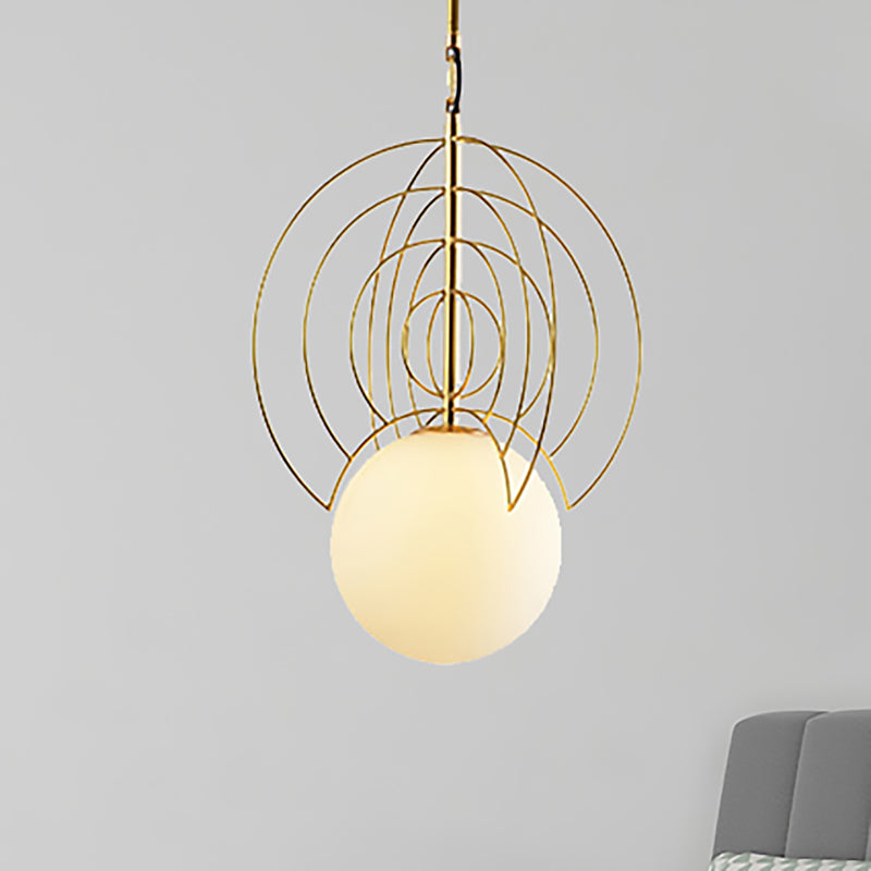 Gold Milk Glass Orb Pendant Lamp With Wire Ring - Contemporary 1-Head Suspension Light For Hotels