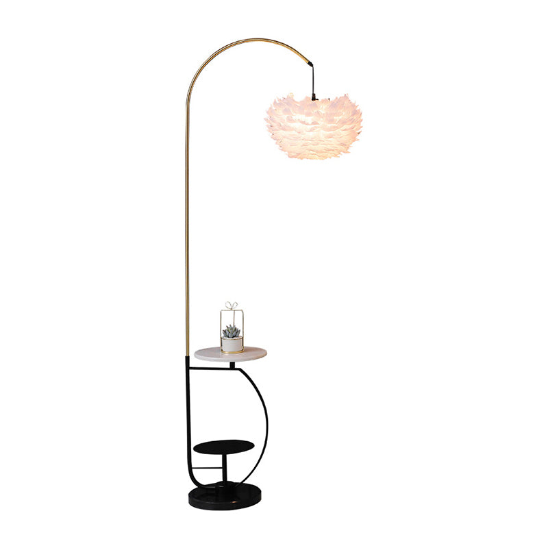 Nordic Metal Fishing Rod Standing Floor Lamp With 2-Tier Tray And Feather Shade