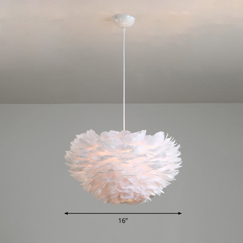 Feather Hemispherical Pendant Lamp - Minimalist White Suspension Light for Bedroom