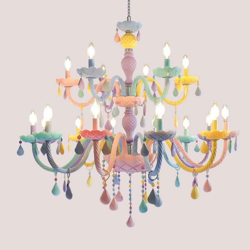 Pink Candle Style Hanging Light Kids Multicolored Glass Chandelier - Perfect For Baby Room