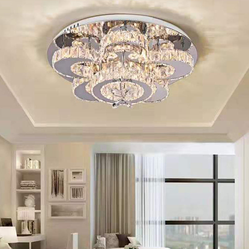 Modern Clear Crystal Flower Ceiling Lamp: LED Semi Flush Mount Light Fixture in Chrome