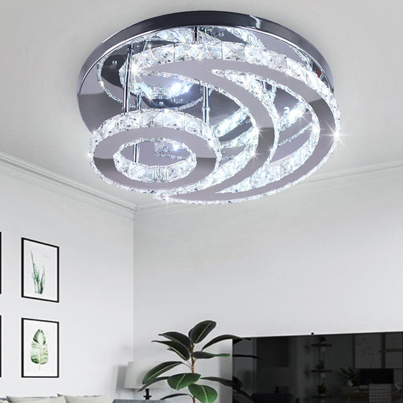 Modern Beveled Crystal Crescent & Sun Ceiling Light - Silver Semi Flush Mount for Bedrooms