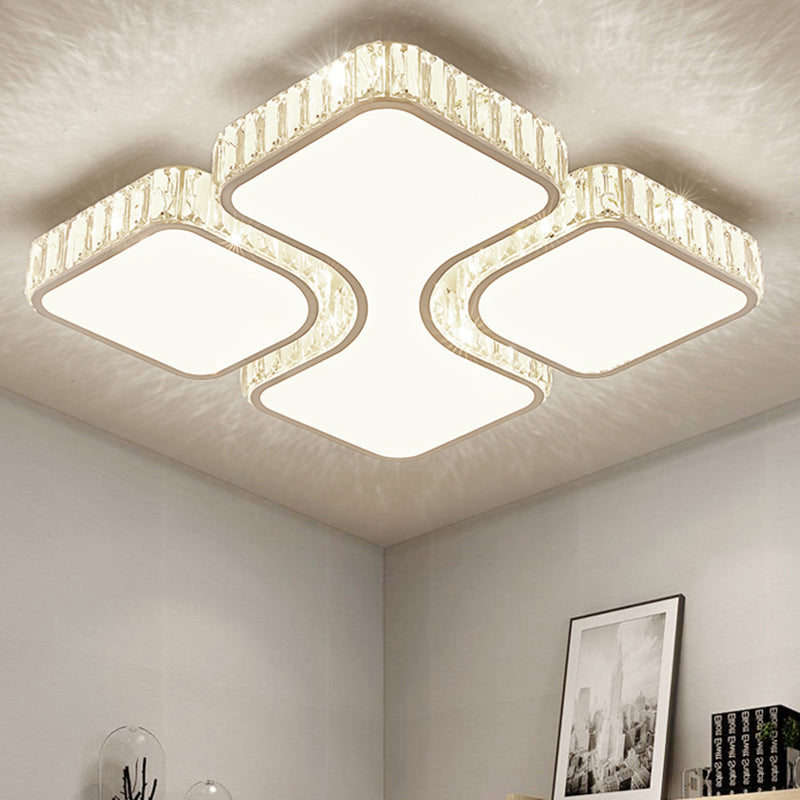 Minimalist Crystal LED Ceiling Flush Light for Bedroom - White Square Flush Mount Lamp