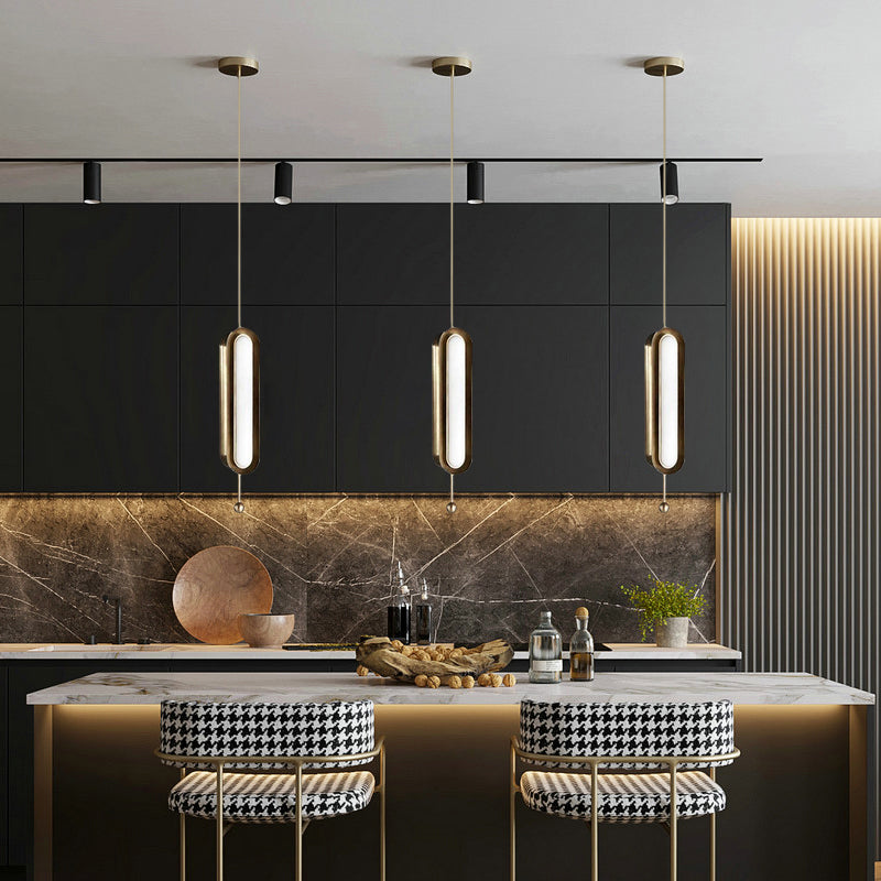 Gold Plated LED Suspended Light for Dining Room - Postmodern Metal Oblong Design