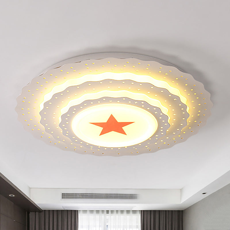 Modern White Metal Ceiling Lamp: Hollow Cake Shape Design with Starry LED Lighting for Bedrooms
