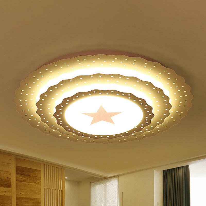 Modern White Metal Ceiling Lamp: Hollow Cake Shape Design with Starry LED Lighting for Bedrooms