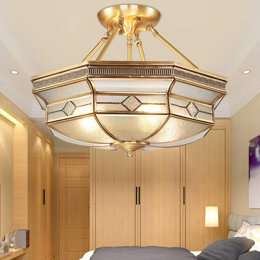 Traditional Octagon Semi Flush Ceiling Light - Textured Glass - Brass Finish - Ideal for Bedroom