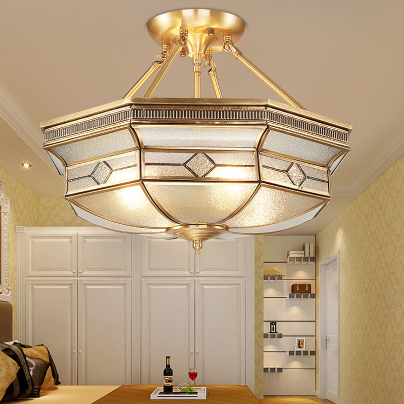 Traditional Octagon Semi Flush Ceiling Light - Textured Glass - Brass Finish - Ideal for Bedroom