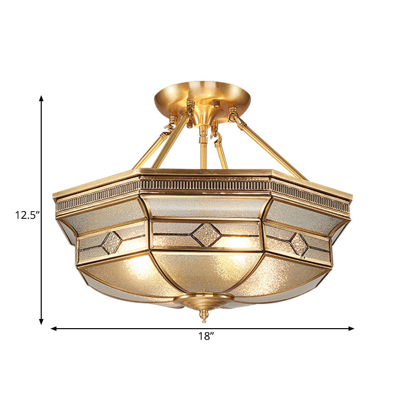 Traditional Octagon Semi Flush Ceiling Light - Textured Glass - Brass Finish - Ideal for Bedroom