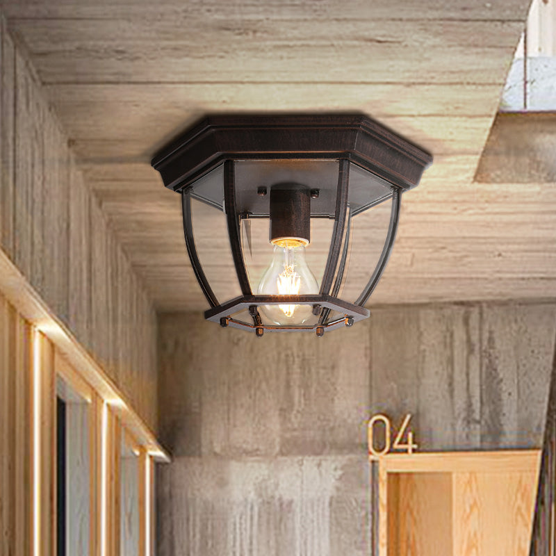 Flush Mount Cage Light Fixture in Rust with Clear Glass for Balcony - Traditional Style