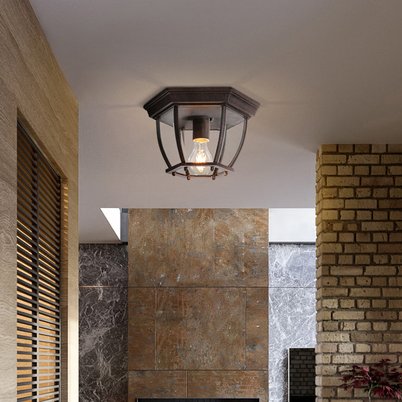 Flush Mount Cage Light Fixture in Rust with Clear Glass for Balcony - Traditional Style