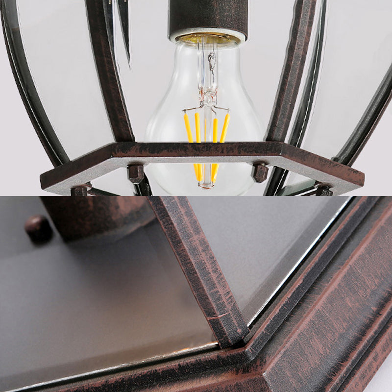 Flush Mount Cage Light Fixture in Rust with Clear Glass for Balcony - Traditional Style