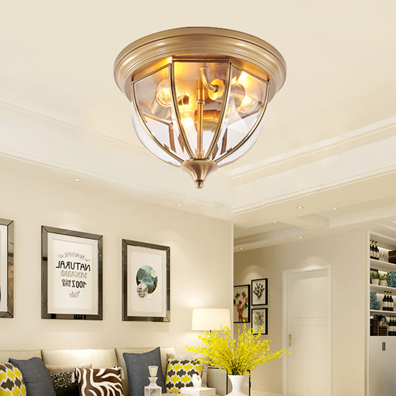Hemisphere Clear Glass Flush Mount Chandelier - Traditional Brass Ceiling Light Fixture, 3 Heads - Perfect for Living Room