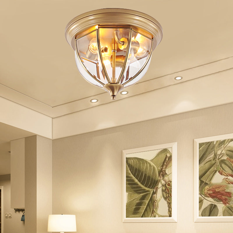 Hemisphere Clear Glass Flush Mount Chandelier - Traditional Brass Ceiling Light Fixture, 3 Heads - Perfect for Living Room