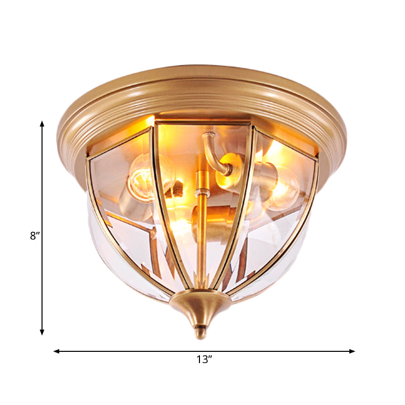 Hemisphere Clear Glass Flush Mount Chandelier - Traditional Brass Ceiling Light Fixture, 3 Heads - Perfect for Living Room