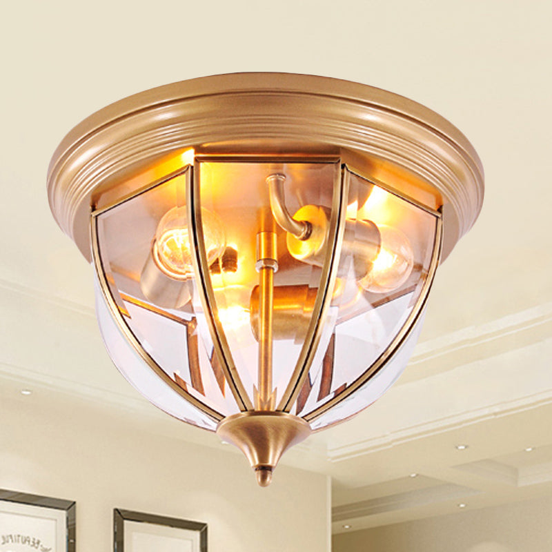 Hemisphere Clear Glass Flush Mount Chandelier - Traditional Brass Ceiling Light Fixture, 3 Heads - Perfect for Living Room