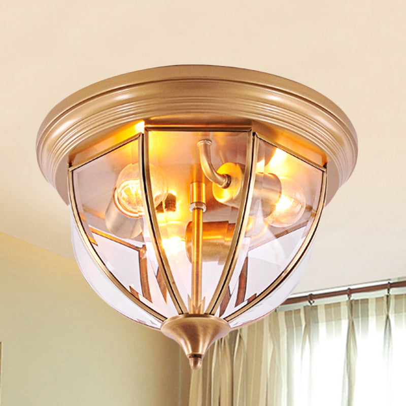 Hemisphere Clear Glass Flush Mount Chandelier - Traditional Brass Ceiling Light Fixture, 3 Heads - Perfect for Living Room