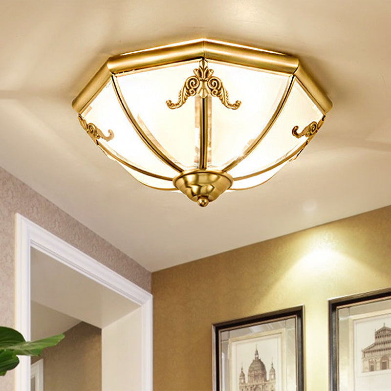 Traditional White Glass Brass Ceiling Chandelier - Flush Mount Umbrella Style with Multiple Bulbs - 14", 18", 23.5" Wide
