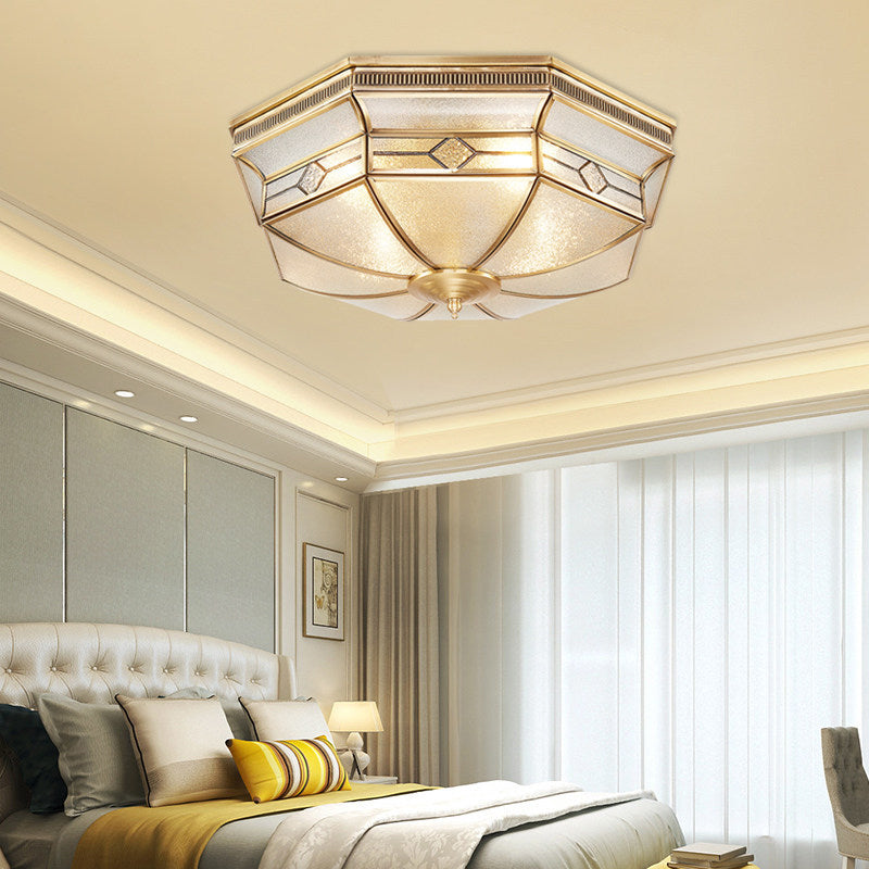 Tradition Textured Glass Octagon Flush Mount Ceiling Light Fixture: Brass 4 Bulbs Bedroom