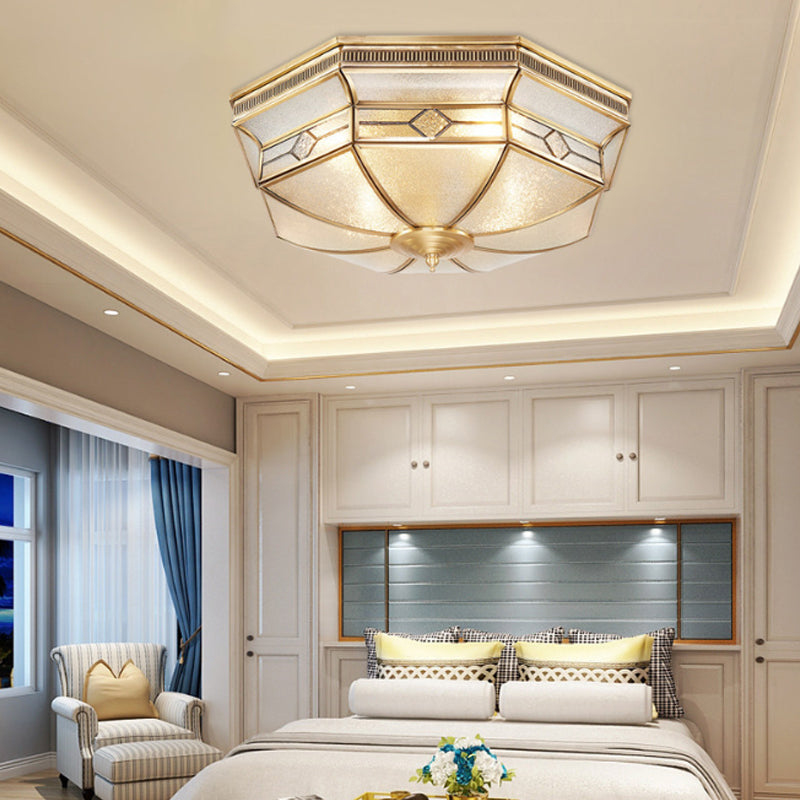 Tradition Textured Glass Octagon Flush Mount Ceiling Light Fixture: Brass, 4 Bulbs, Bedroom