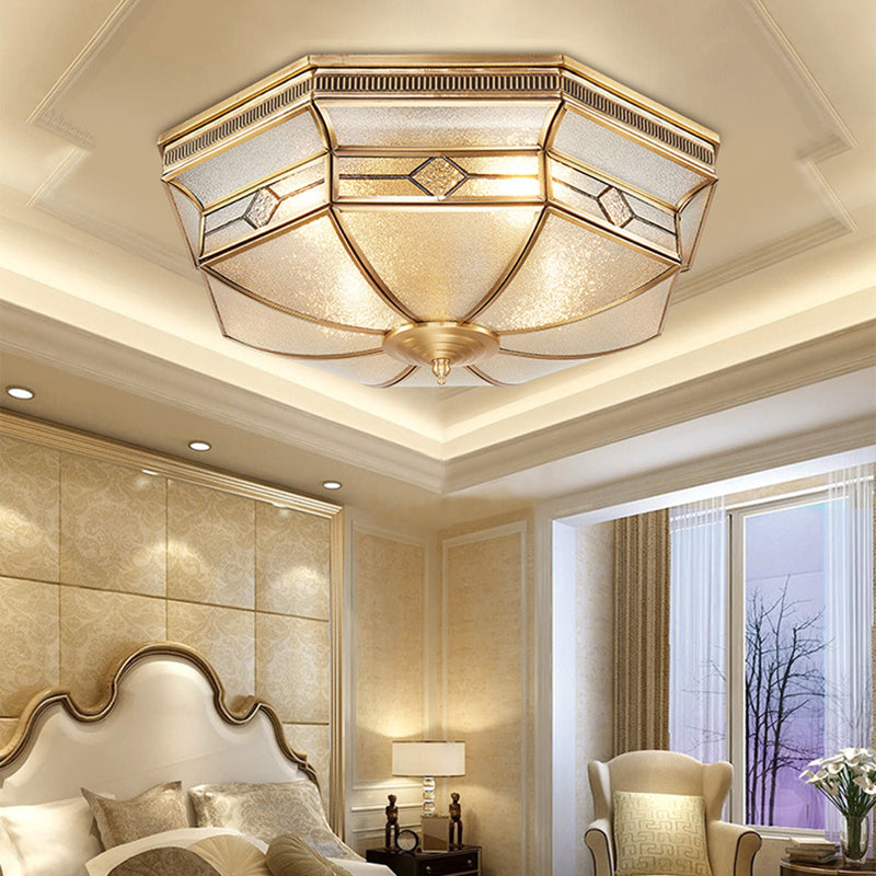 Tradition Textured Glass Octagon Flush Mount Ceiling Light Fixture: Brass, 4 Bulbs, Bedroom