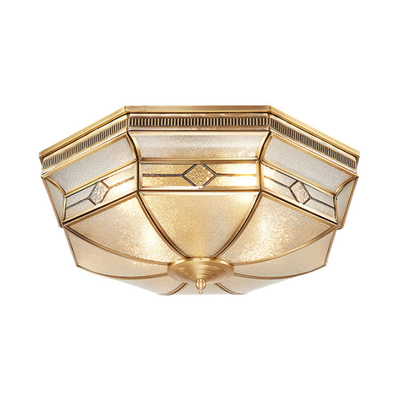 Tradition Textured Glass Octagon Flush Mount Ceiling Light Fixture: Brass 4 Bulbs Bedroom
