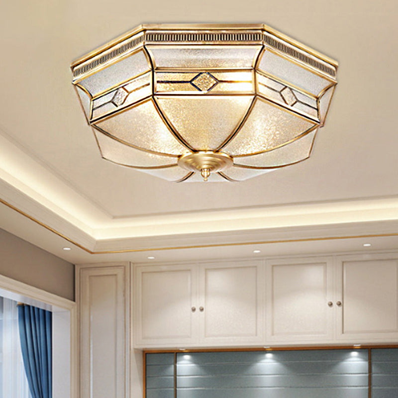 Tradition Textured Glass Octagon Flush Mount Ceiling Light Fixture: Brass, 4 Bulbs, Bedroom