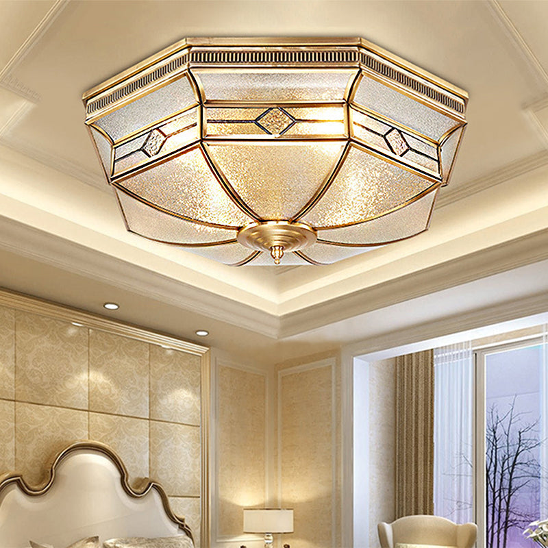 Tradition Textured Glass Octagon Flush Mount Ceiling Light Fixture: Brass 4 Bulbs Bedroom