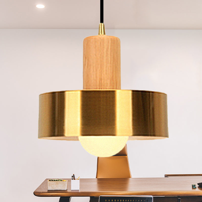 Gold Drum Pendant Light For Modern Kitchen - Metallic Ceiling Lamp With 1 Wood / 12