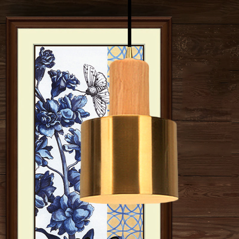 Gold Drum Pendant Light For Modern Kitchen - Metallic Ceiling Lamp With 1 Wood / 5.5