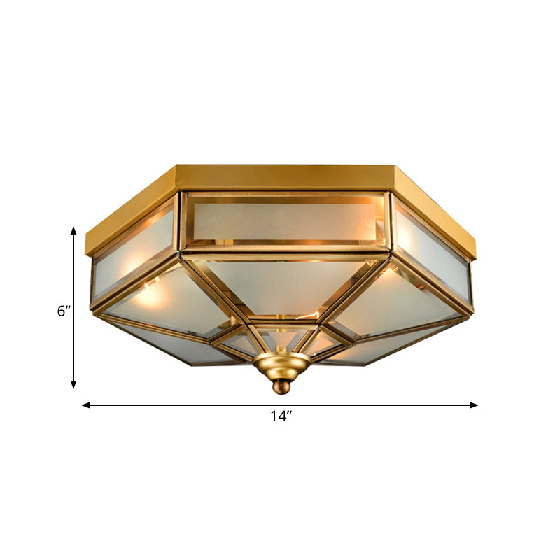 Traditional Frosted Glass Hexagon Flush Mount Chandelier - Brass Ceiling Fixture (14"/18" Wide) - 3/4 Bulbs