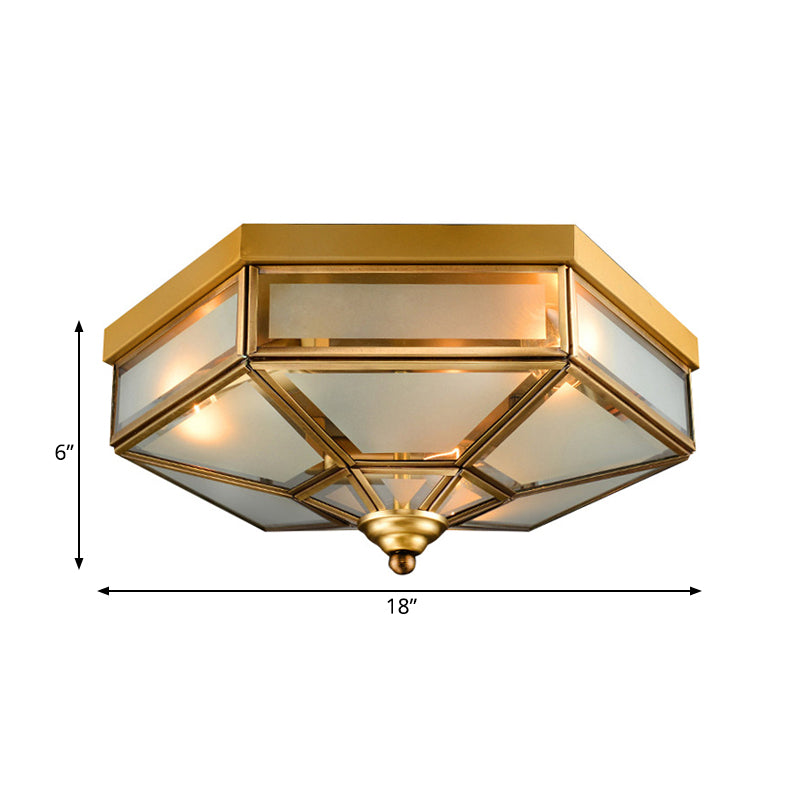 Traditional Frosted Glass Hexagon Flush Mount Chandelier - Brass Ceiling Fixture (14"/18" Wide) - 3/4 Bulbs