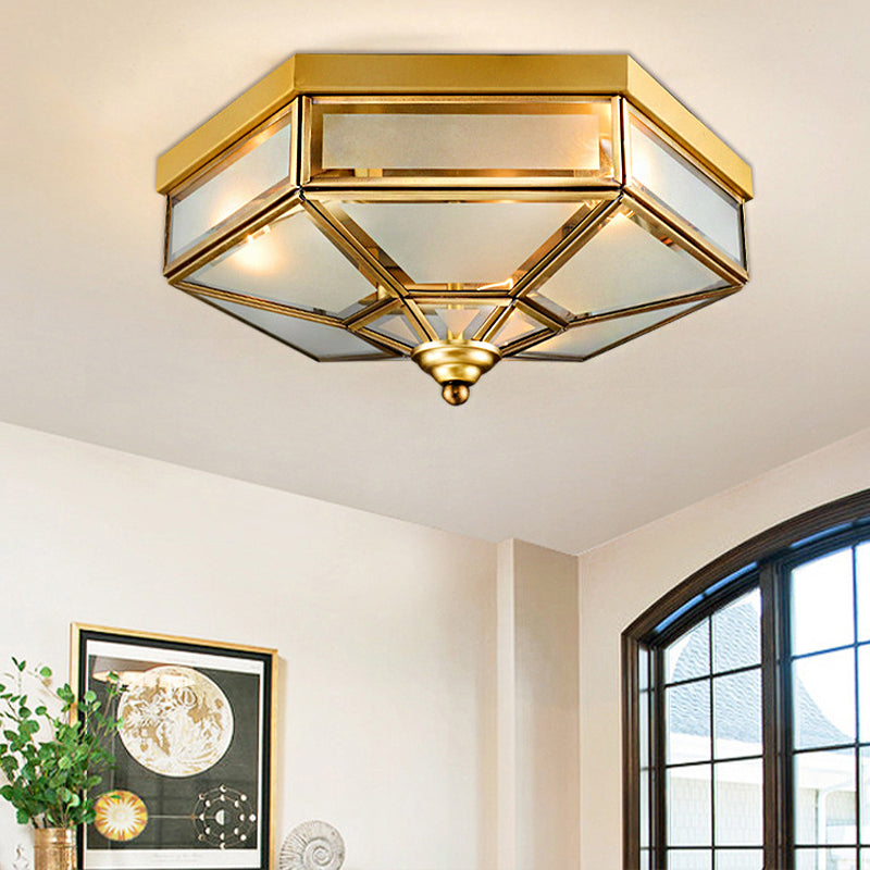 Traditional Frosted Glass Hexagon Flush Mount Chandelier - Brass Ceiling Fixture (14/18 Wide) 3/4