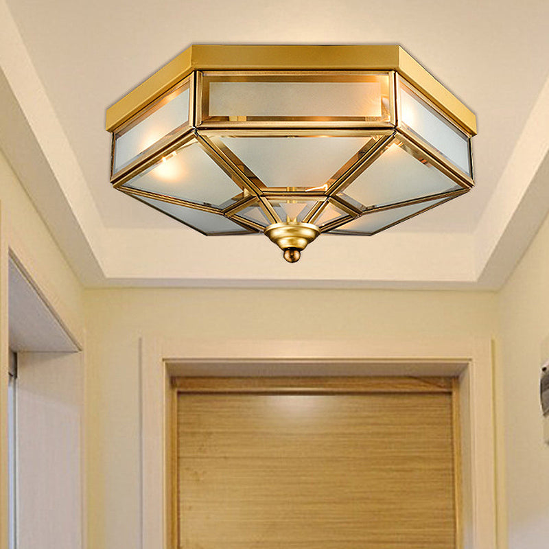 Traditional Frosted Glass Hexagon Flush Mount Chandelier - Brass Ceiling Fixture (14"/18" Wide) - 3/4 Bulbs