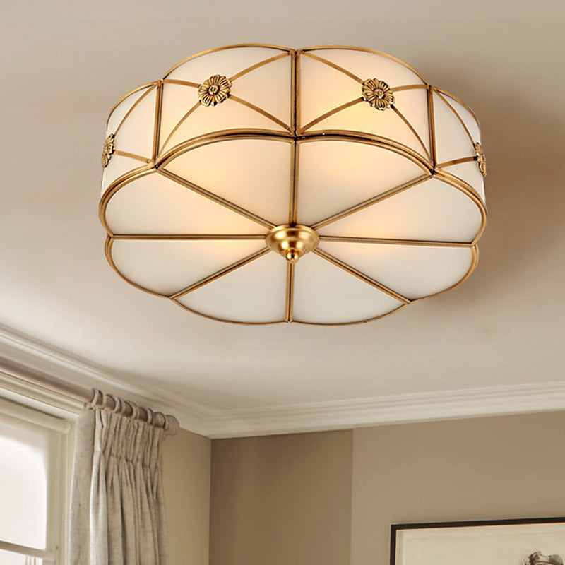 Traditional 1-Tiered White Glass & Gold Flush Mount Chandelier - 3/4/6 Bulbs (14"/18"/23.5" Width)