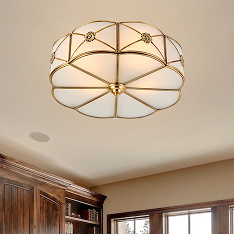 Traditional 1-Tiered White Glass & Gold Flush Mount Chandelier - 3/4/6 Bulbs (14/18/23.5 Width)
