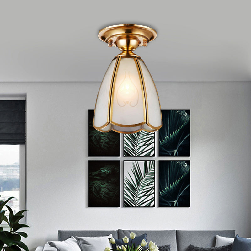 Traditional White Glass Brass Semi Flush Mount Chandelier 5"/6" Wide Cone/Globe Ceiling, 1 Bulb