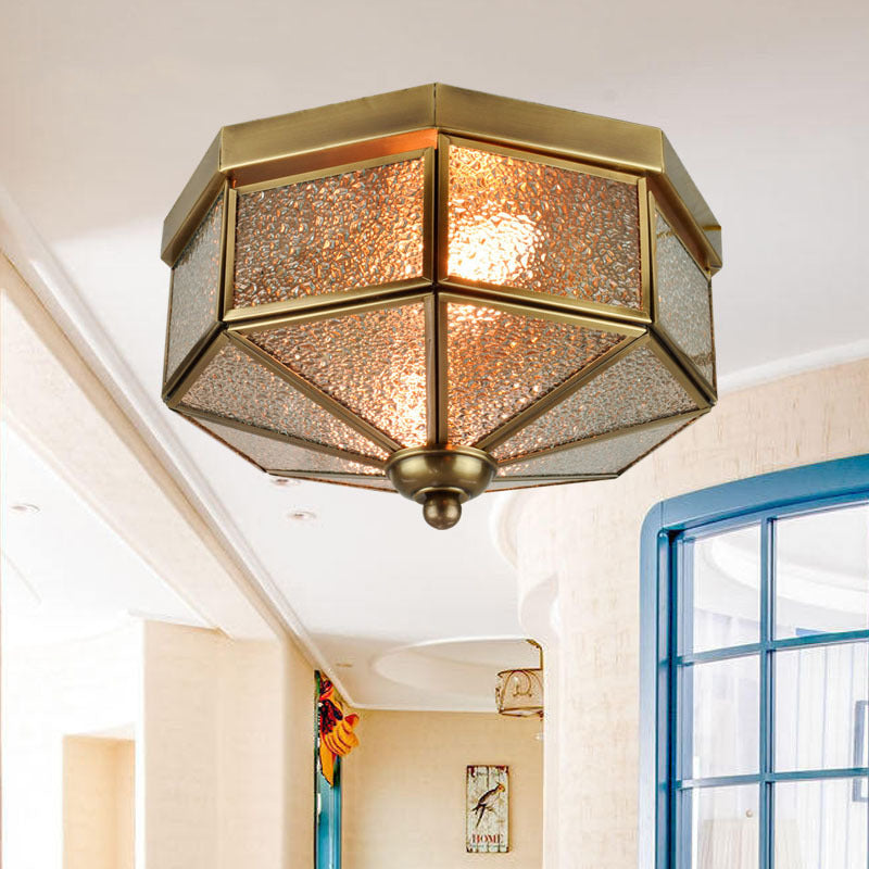 Traditional Textured Glass Flush Mount Ceiling Chandelier - Octagonal Design, 9.5"/10.5" Width, 3-Bulb Brass Fixture