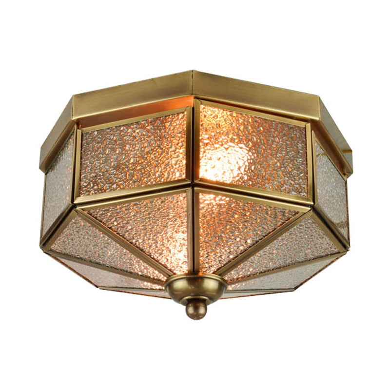 Traditional Textured Glass Flush Mount Ceiling Chandelier - Octagonal Design, 9.5"/10.5" Width, 3-Bulb Brass Fixture