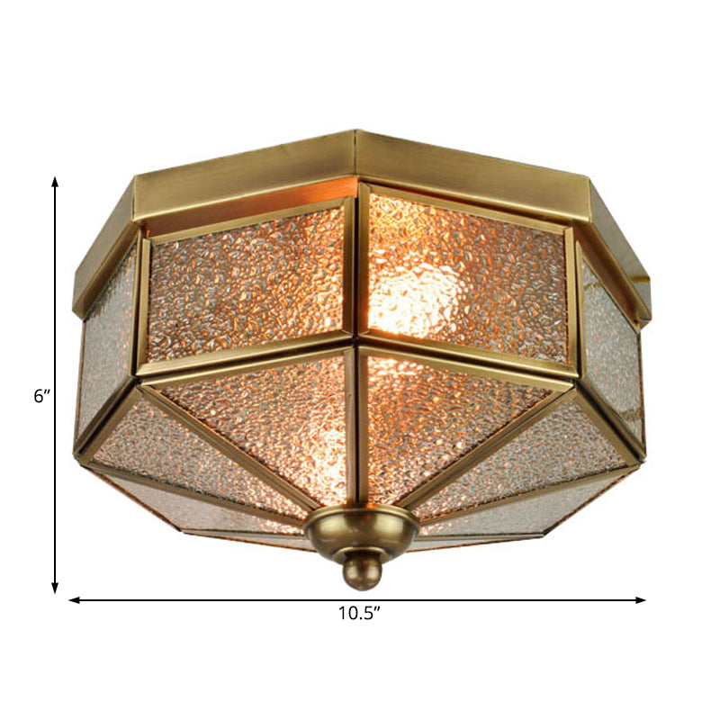 Traditional Textured Glass Flush Mount Ceiling Chandelier - Octagonal Design, 9.5"/10.5" Width, 3-Bulb Brass Fixture