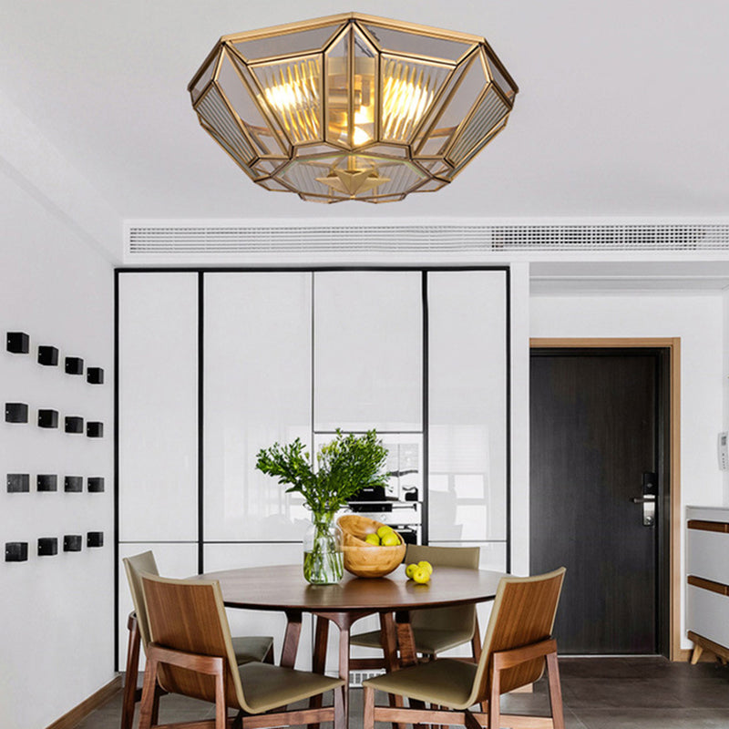 Traditional Brass Tapered Flush Mount Ceiling Light Fixture with 4 Bulbs and Ribbed Glass for Dining Room