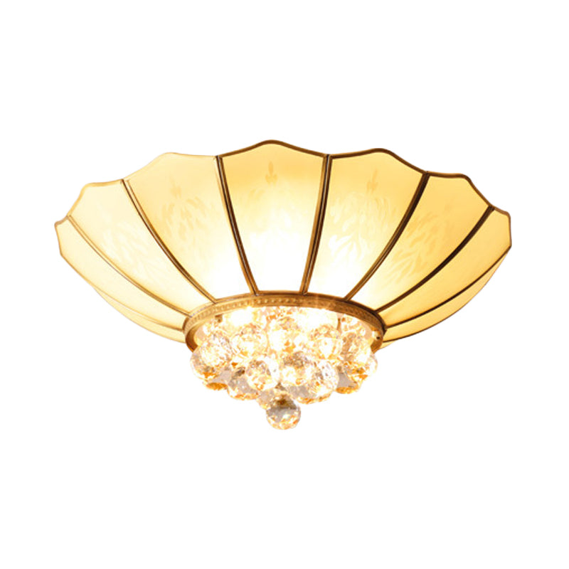 Traditional Frosted Glass Dome Flush Mount Chandelier with Crystal Drop - Brass Ceiling Fixture, 21"/25.5" Wide, 4/6 Bulb
